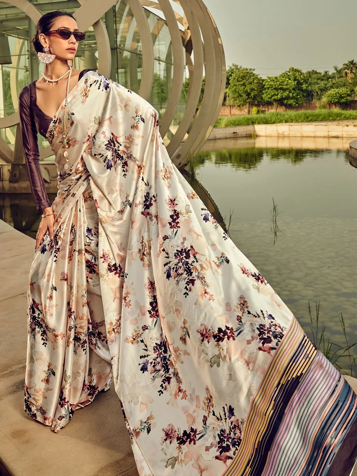 Cream Printed Satin Saree | Indian Sarees Collection