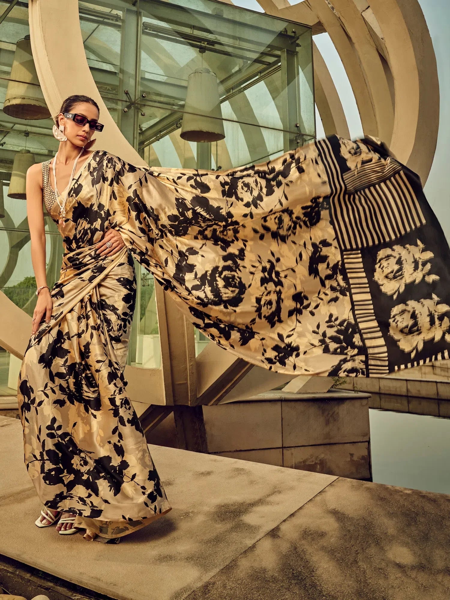 Beige Printed Satin Saree | Designer Indian Sari