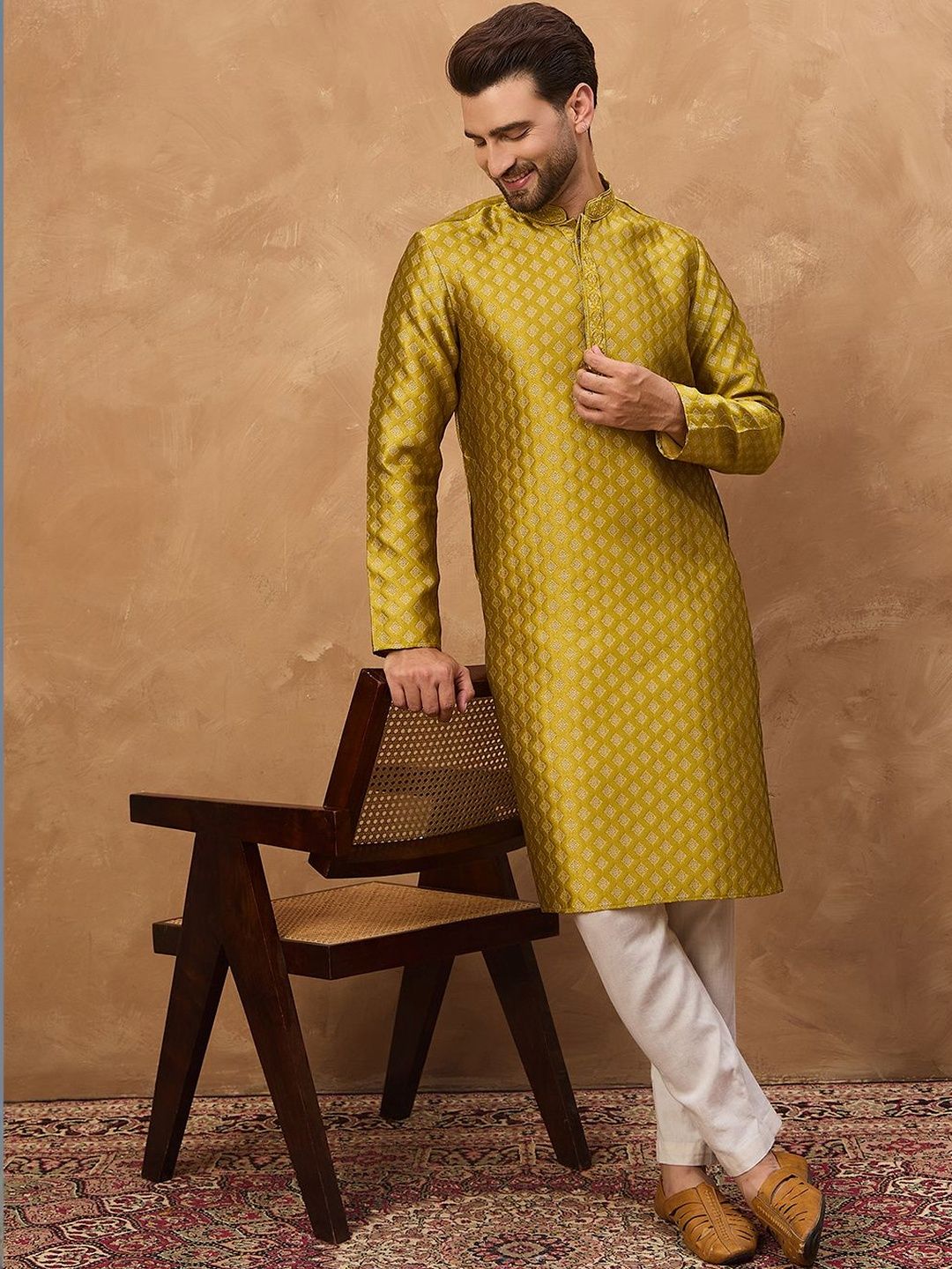 Ethnic Bay Men Yellow Silk Blend Solid Woven Design Straight Kurta With Pant Set-MKSET1459