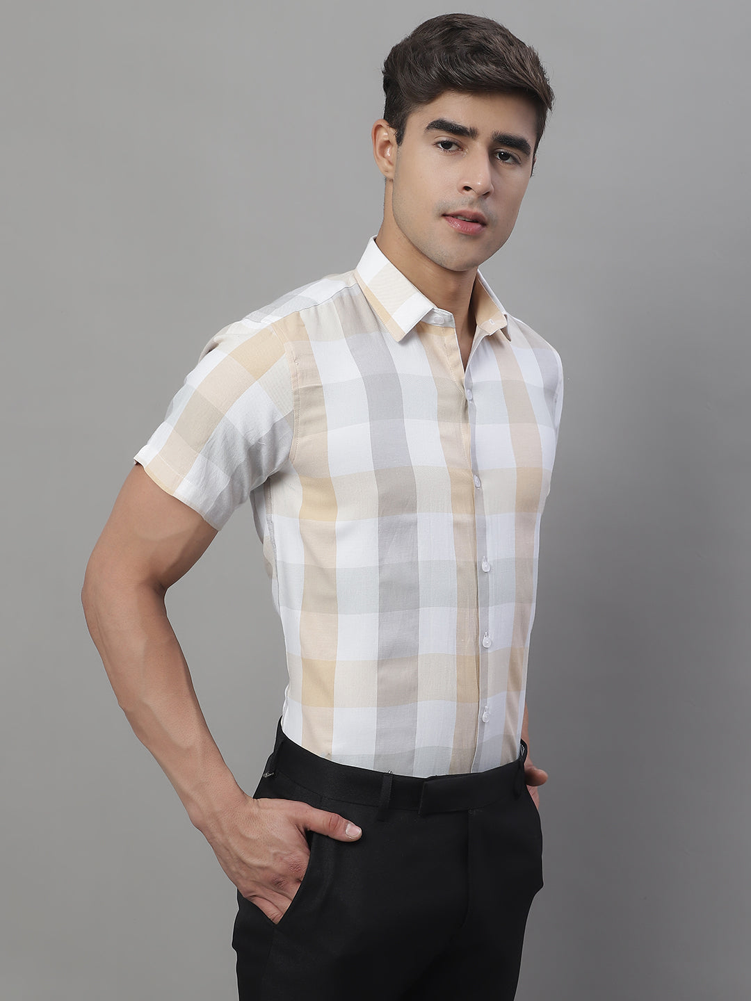 DesiQlo Men Checked Formal Shirt - Beige - SF_876Cream_S
