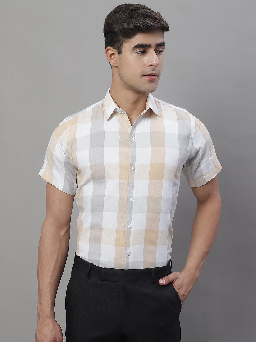 DesiQlo Men Checked Formal Shirt - Beige - SF_876Cream_S