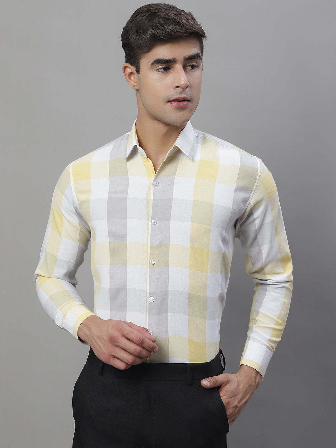 DesiQlo Men Checked Formal Shirt - Yellow