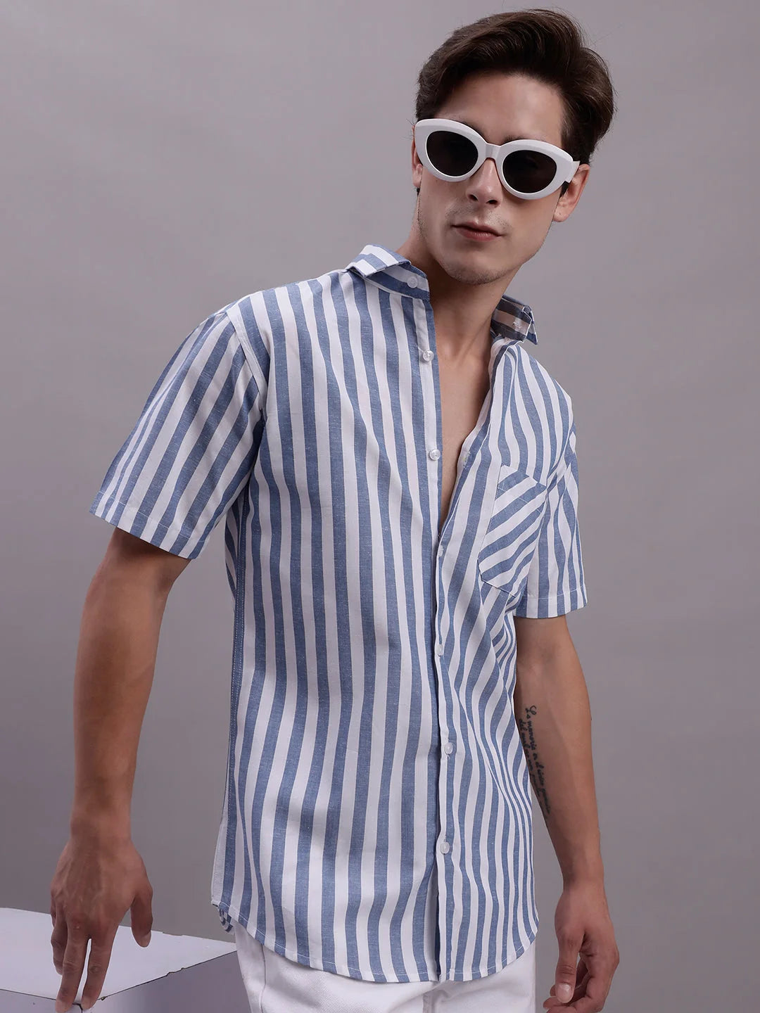 Blue Striped Cotton Shirt: Men's Half Sleeve Casual Shirts