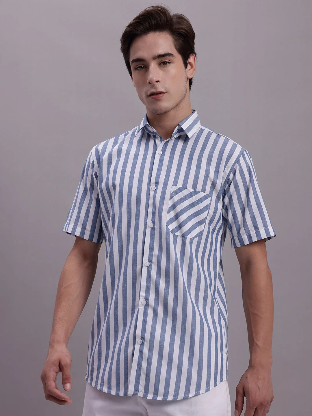 Blue Striped Cotton Shirt: Men's Half Sleeve Casual Shirts