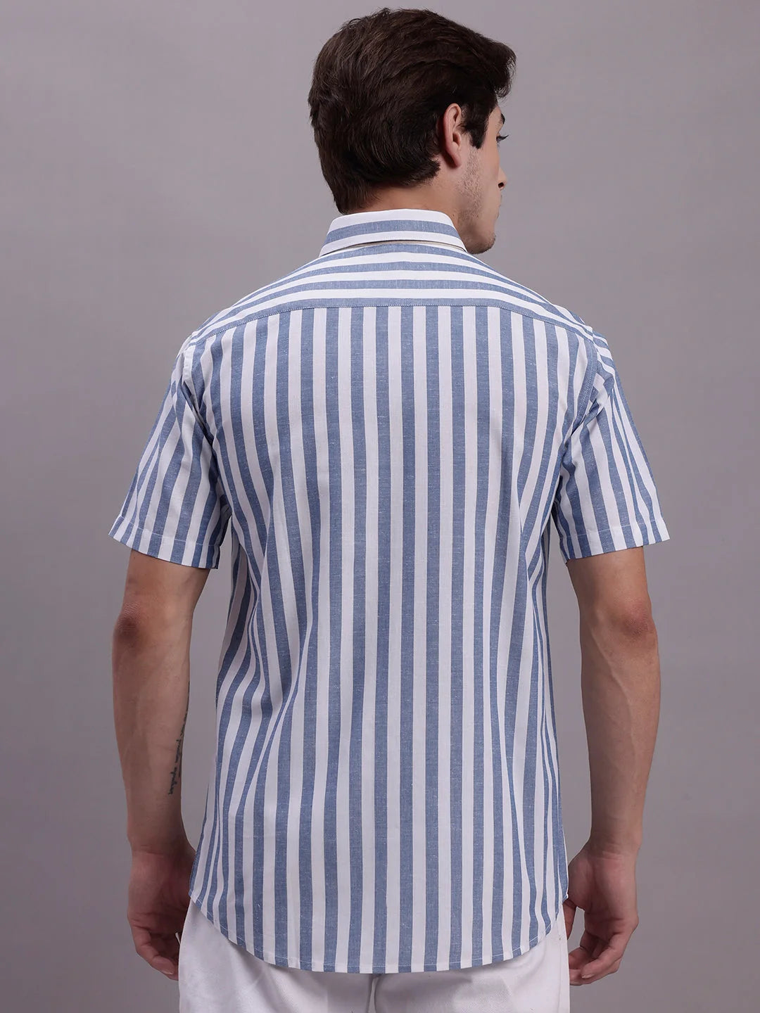 Blue Striped Cotton Shirt: Men's Half Sleeve Casual Shirts