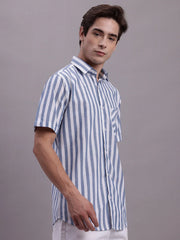 Men's Blue Vertical Striped Half Sleeve Casual Shirt