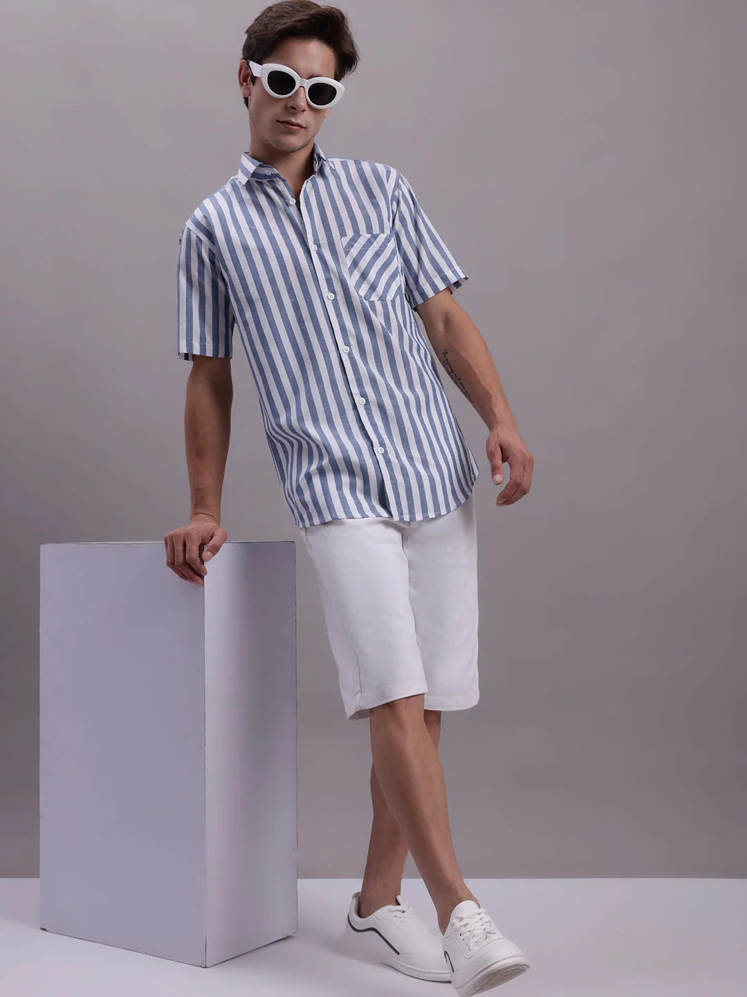 Blue Striped Cotton Shirt: Men's Half Sleeve Casual Shirts