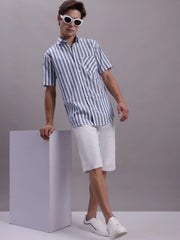 Men's Blue Vertical Striped Half Sleeve Casual Shirt