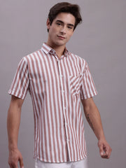Men's Red Vertical Striped Half Sleeve Casual Shirt