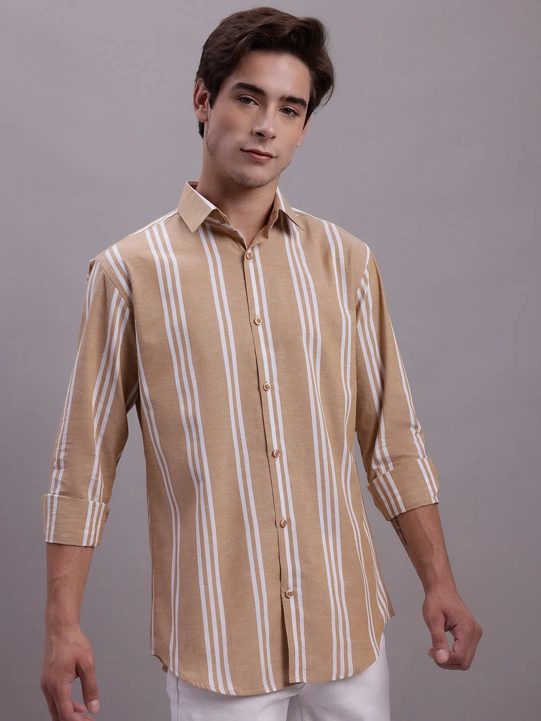 Men's Striped Casual Shirt SF-890Brown | Cotton Comfort