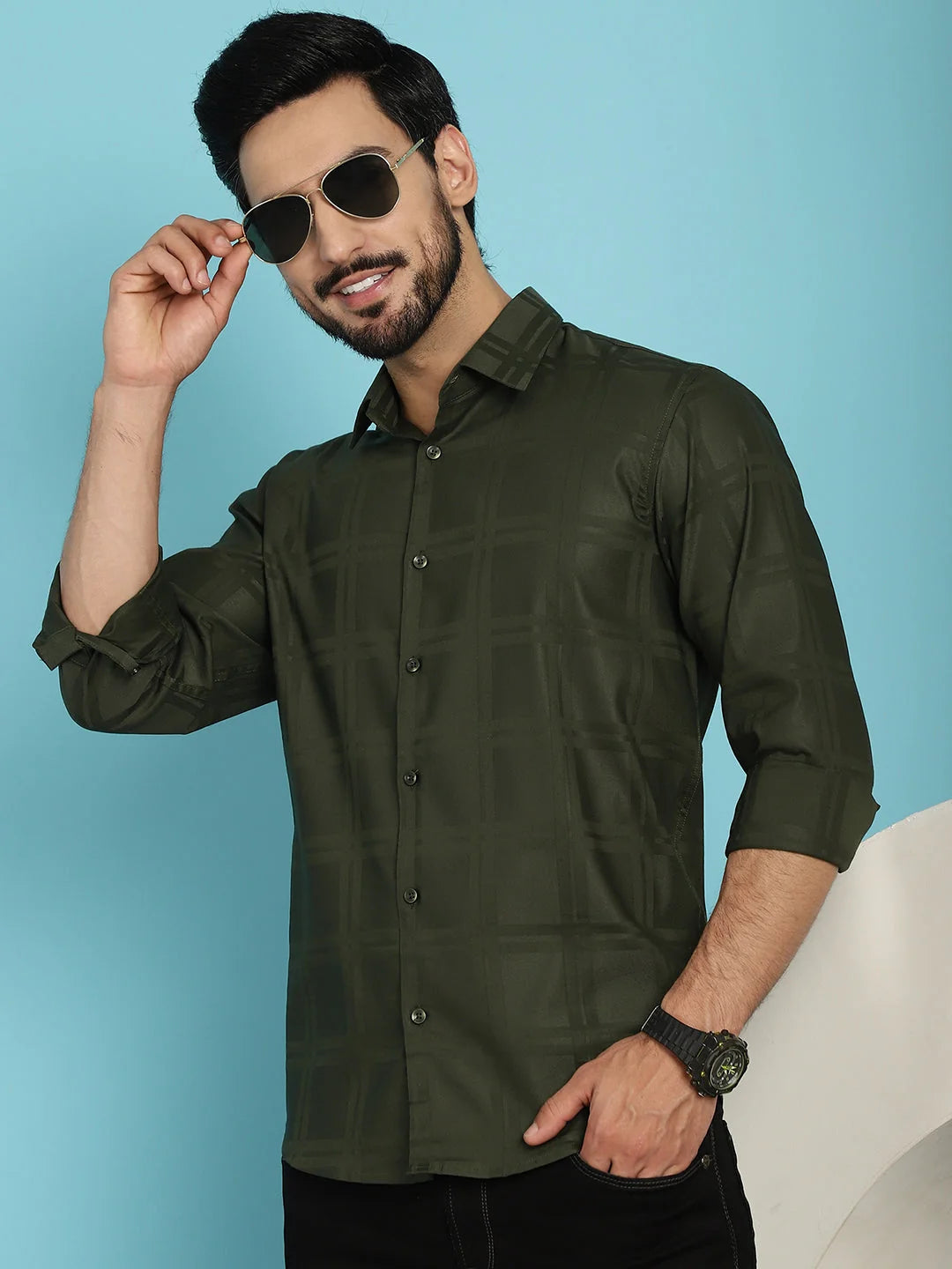Olive Green Checked Cotton Shirt | Mens Casual Shirt
