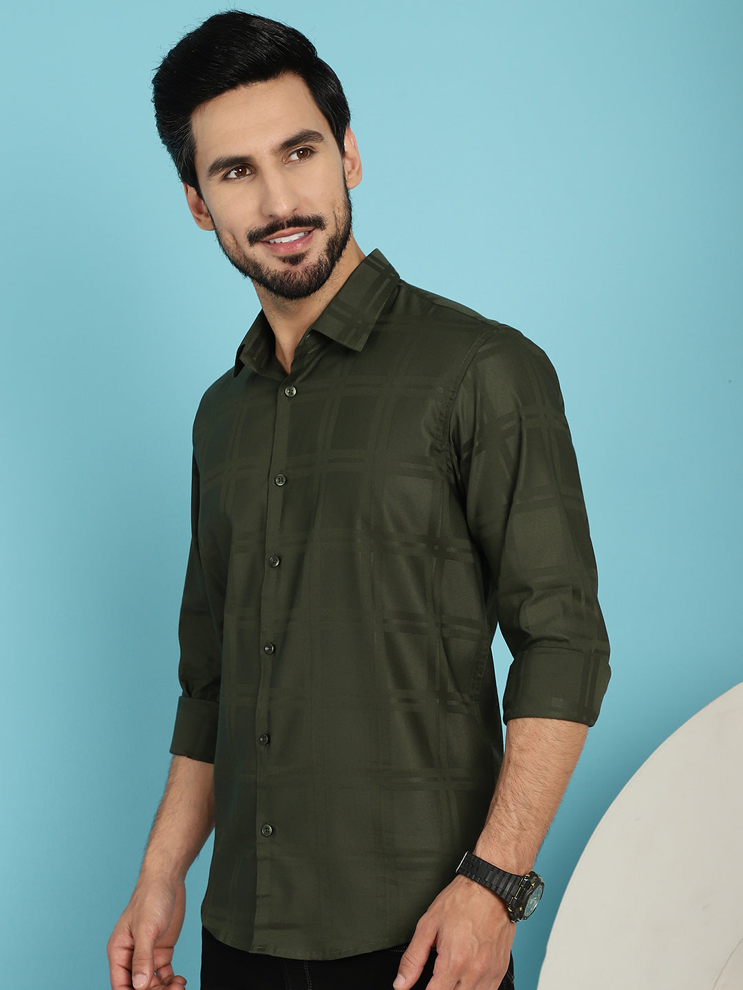 Olive Green Checked Cotton Shirt | Mens Casual Shirt