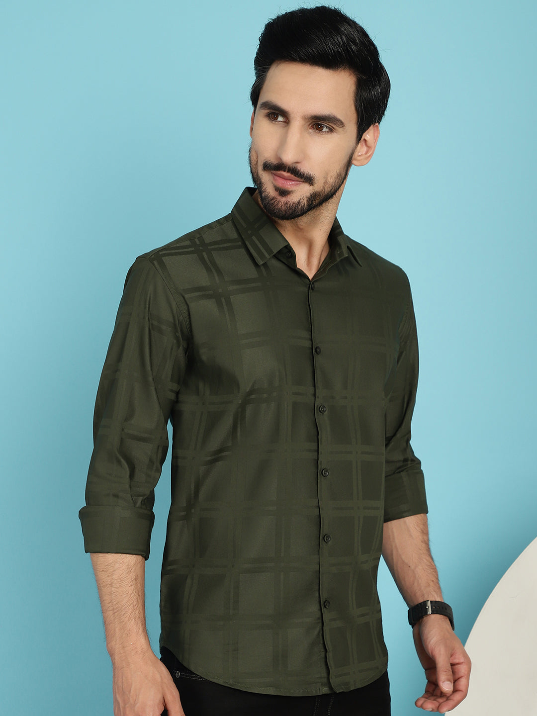 Olive Green Checked Cotton Shirt | Mens Casual Shirt