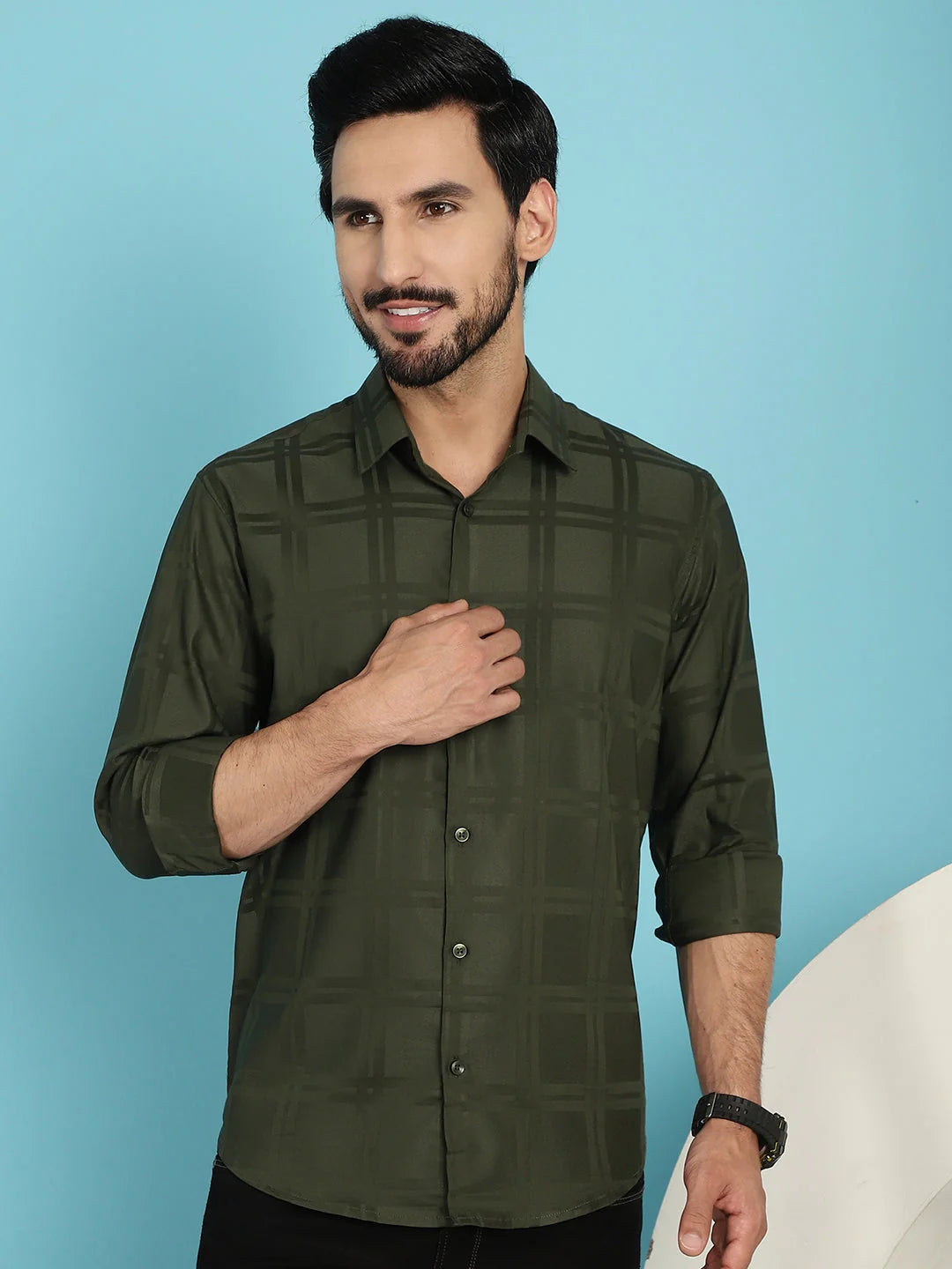 Olive Green Checked Cotton Shirt | Mens Casual Shirt