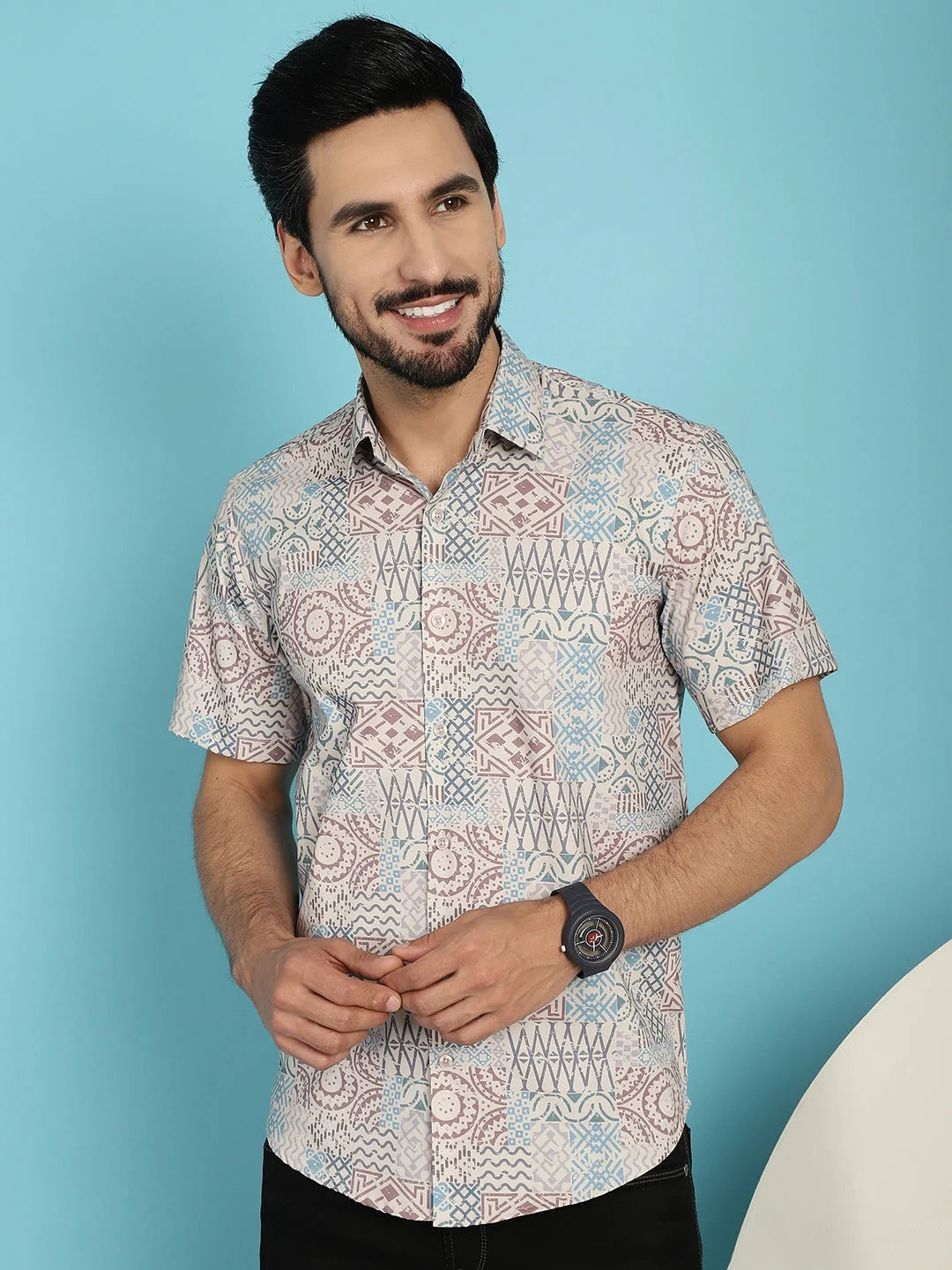 Beige Printed Casual Shirt | Stylish Cotton Mens Shirt