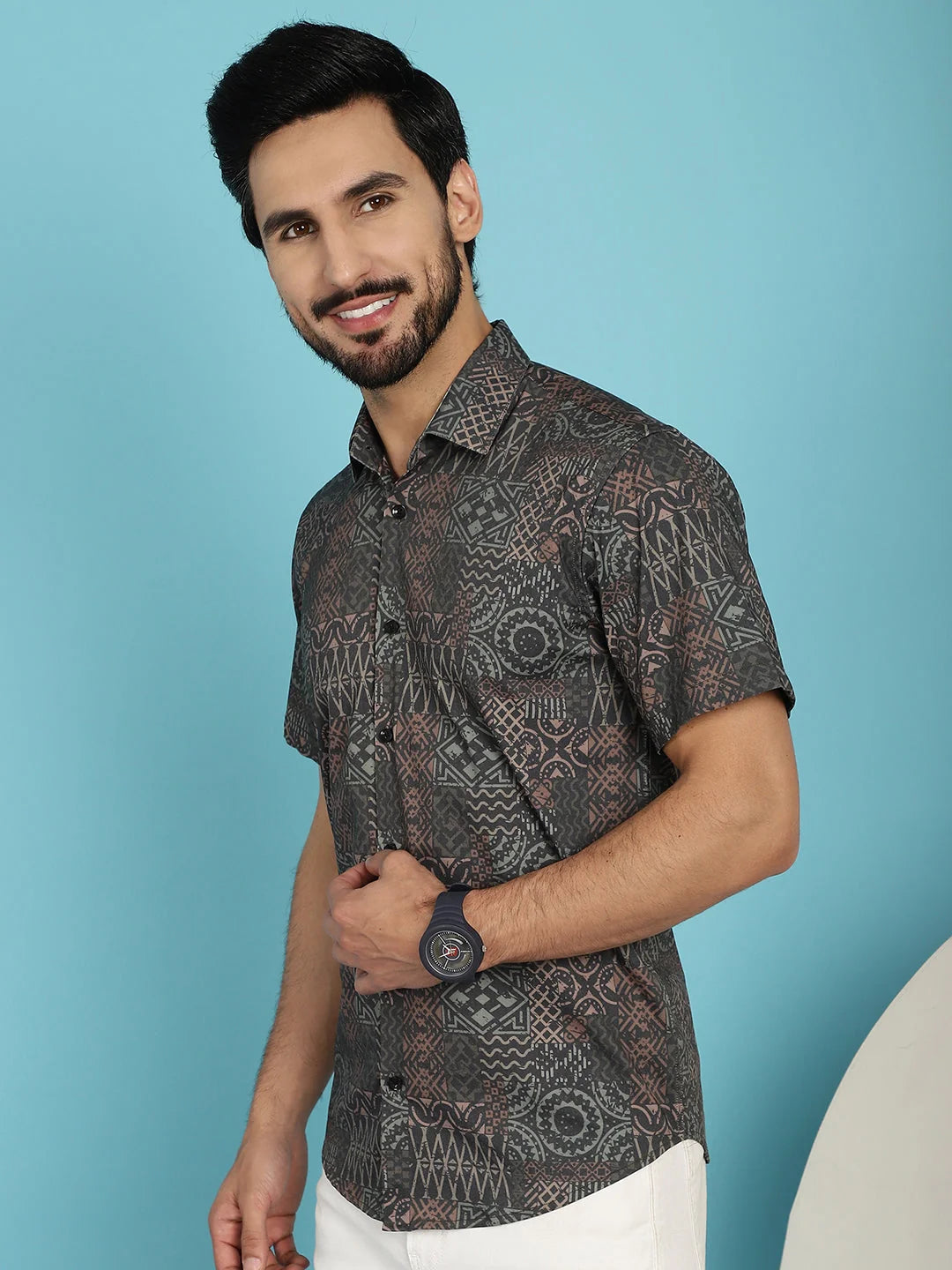Dark-Grey Printed Cotton Shirt | Casual Mens Shirt