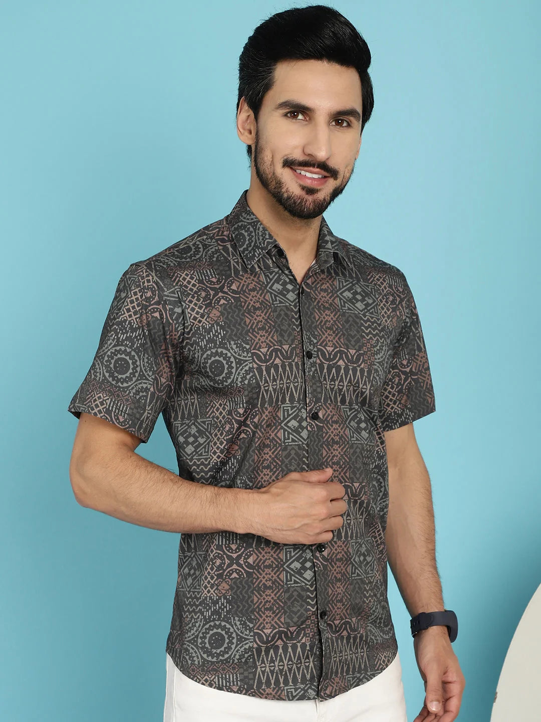 Dark-Grey Printed Cotton Shirt | Casual Mens Shirt