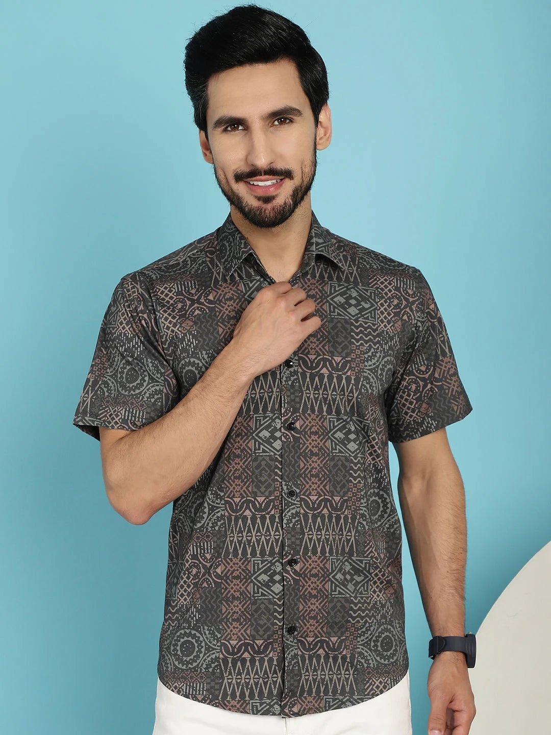 Dark-Grey Printed Cotton Shirt | Casual Mens Shirt