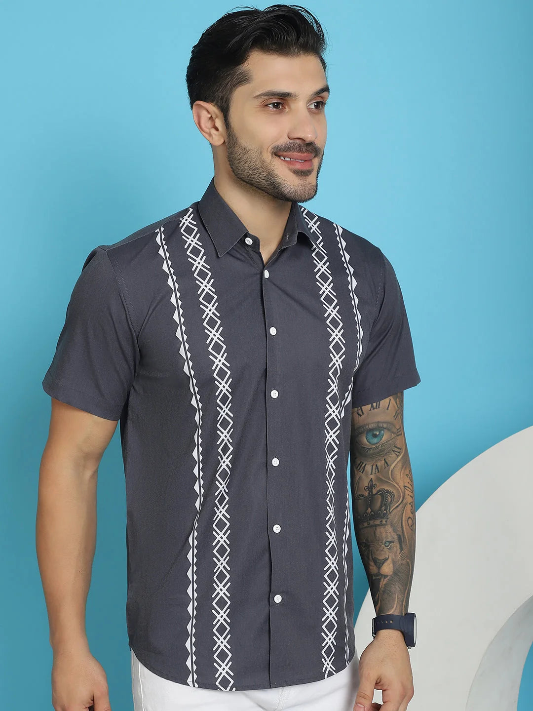 Stylish Mens Printed Cotton Shirt - Half Sleeve Lycra Style