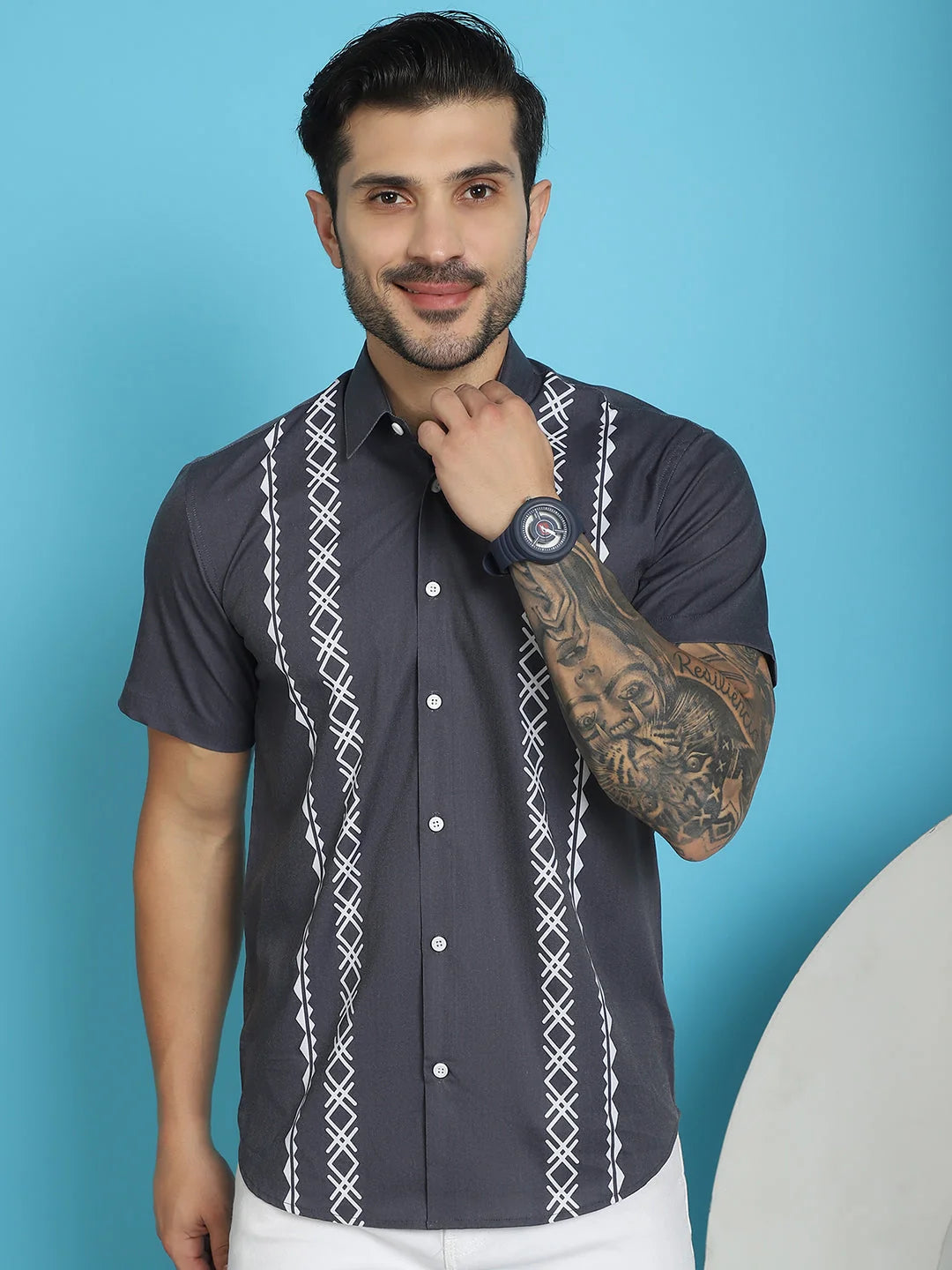 Stylish Mens Printed Cotton Shirt - Half Sleeve Lycra Style