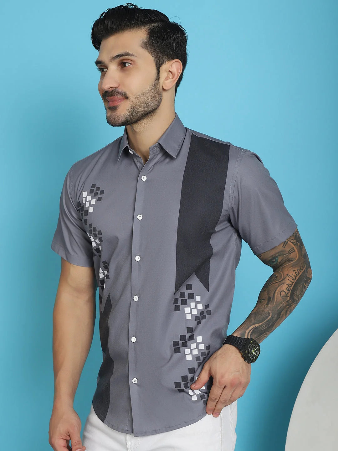 Mens Cotton Shirt - Printed Half Sleeve Lycra Shirt in Grey