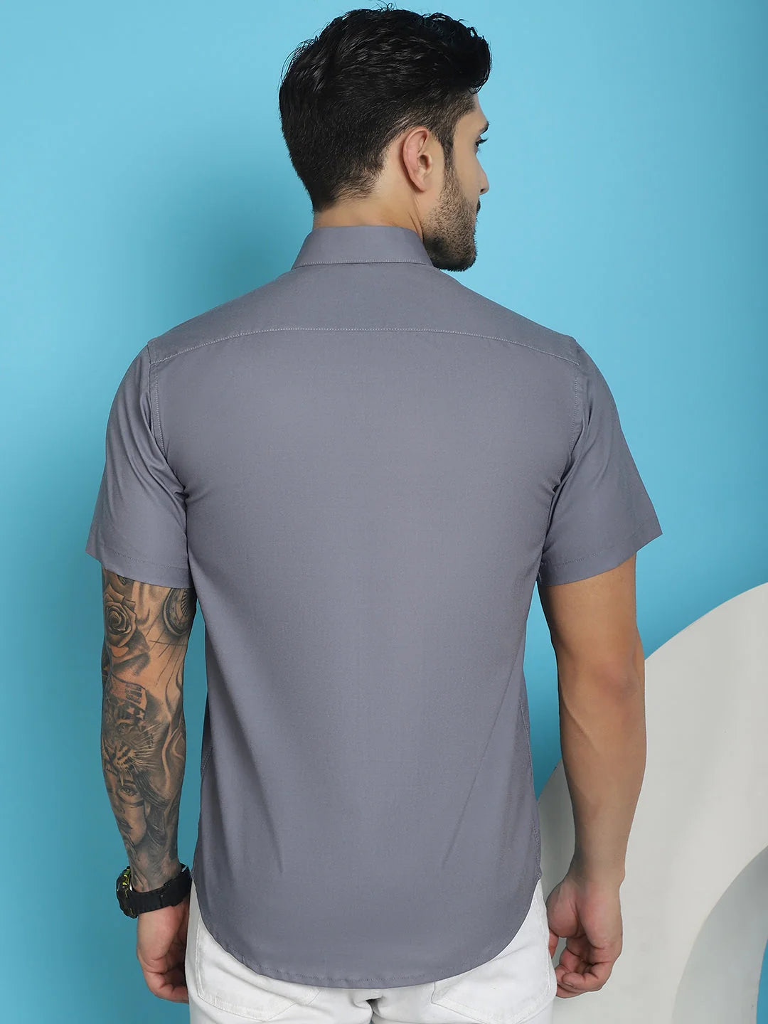 Mens Cotton Shirt - Printed Half Sleeve Lycra Shirt in Grey