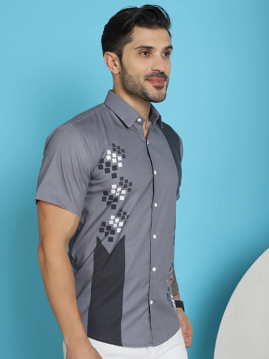 Mens Cotton Shirt - Printed Half Sleeve Lycra Shirt in Grey
