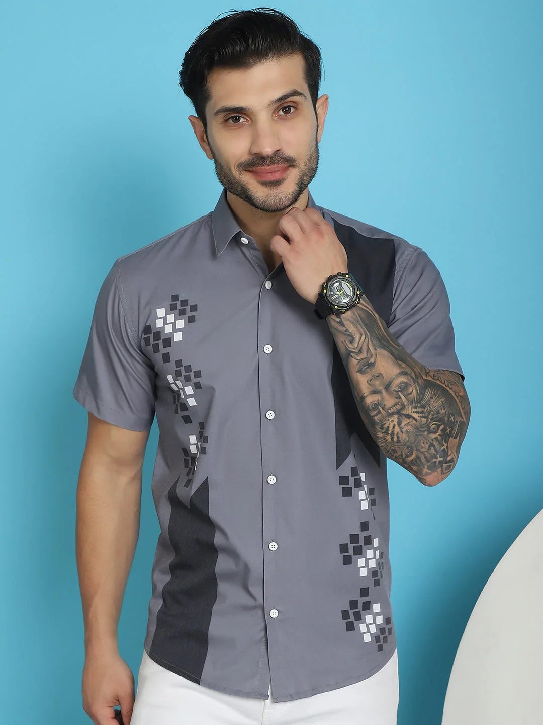 Mens Cotton Shirt - Printed Half Sleeve Lycra Shirt in Grey