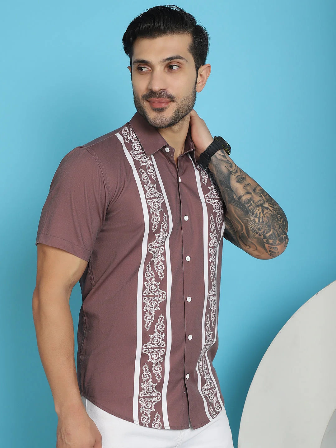 Mens Printed Cotton Shirt - Half Sleeve Lycra Style Shirt
