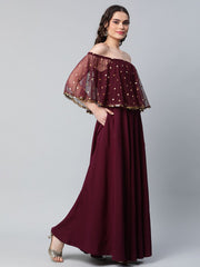 Burgundy & Gold Net Printed Dress-AHDRNTFP-924