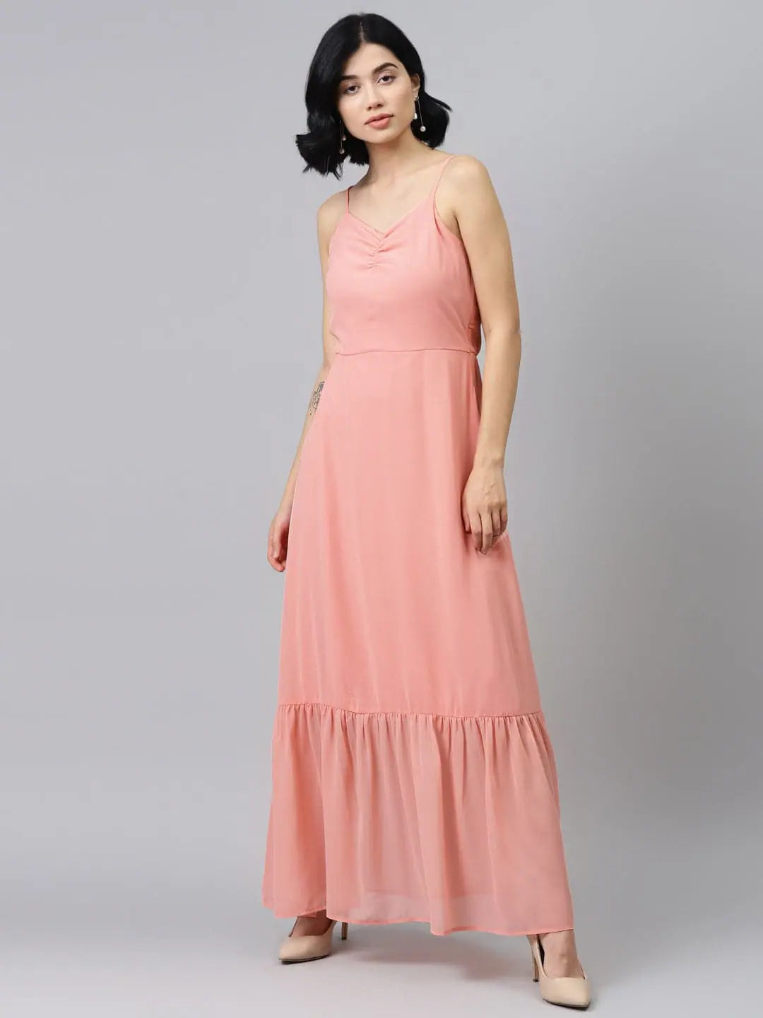 Pink Strappy Maxi Dress | Frilled Hem