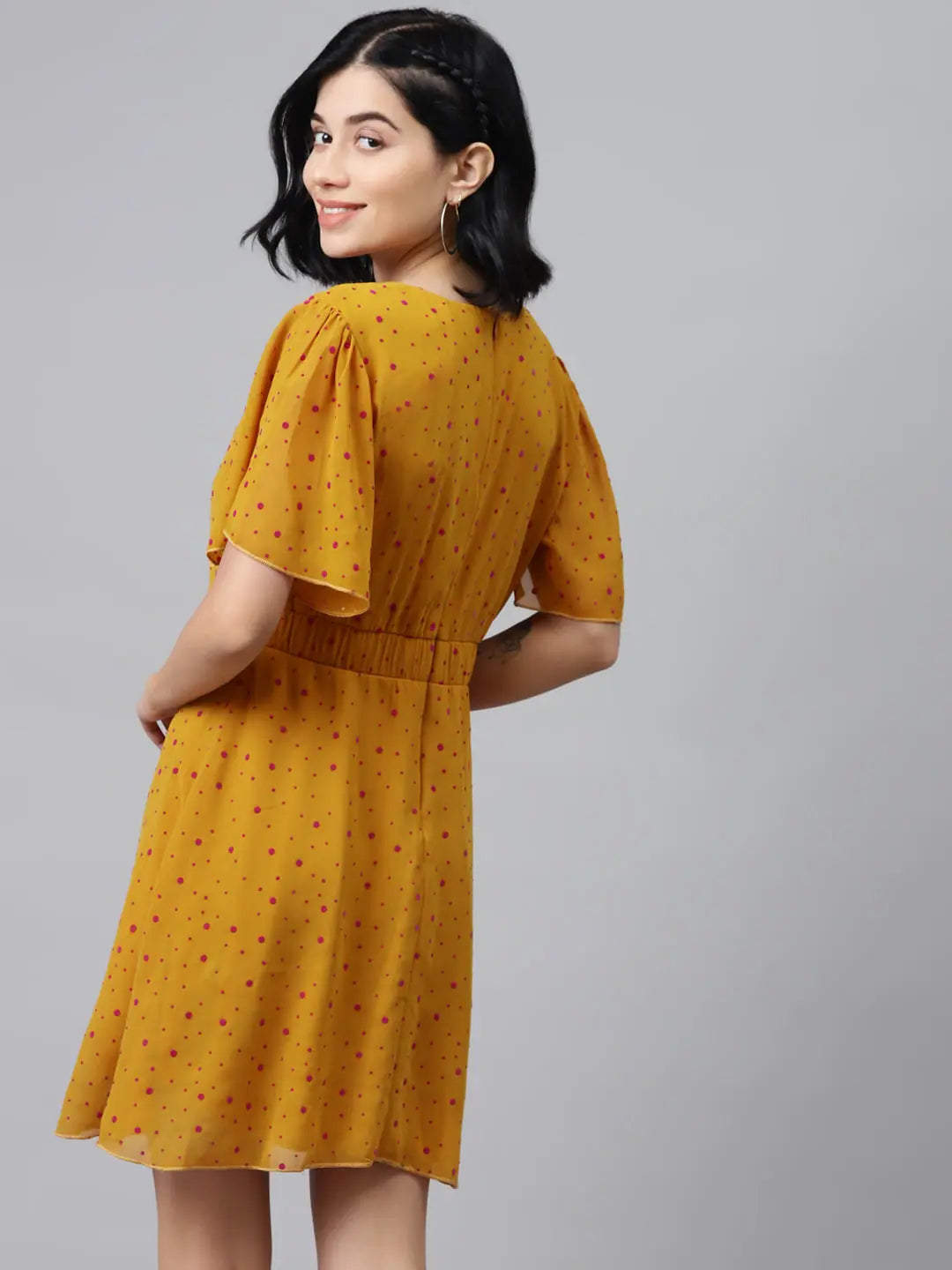 Mustard Skater Dress - Flocked Print, Elastic Waist