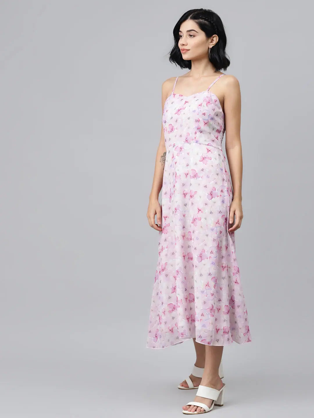 Pink Floral Strappy Midi Dress - Fit & Flare Design