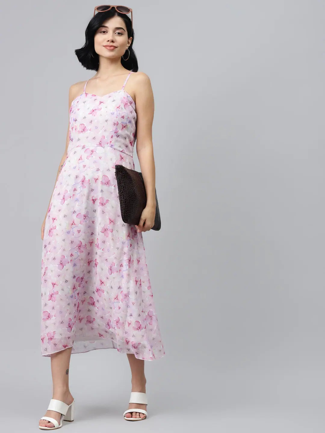 Pink Floral Strappy Midi Dress - Fit & Flare Design