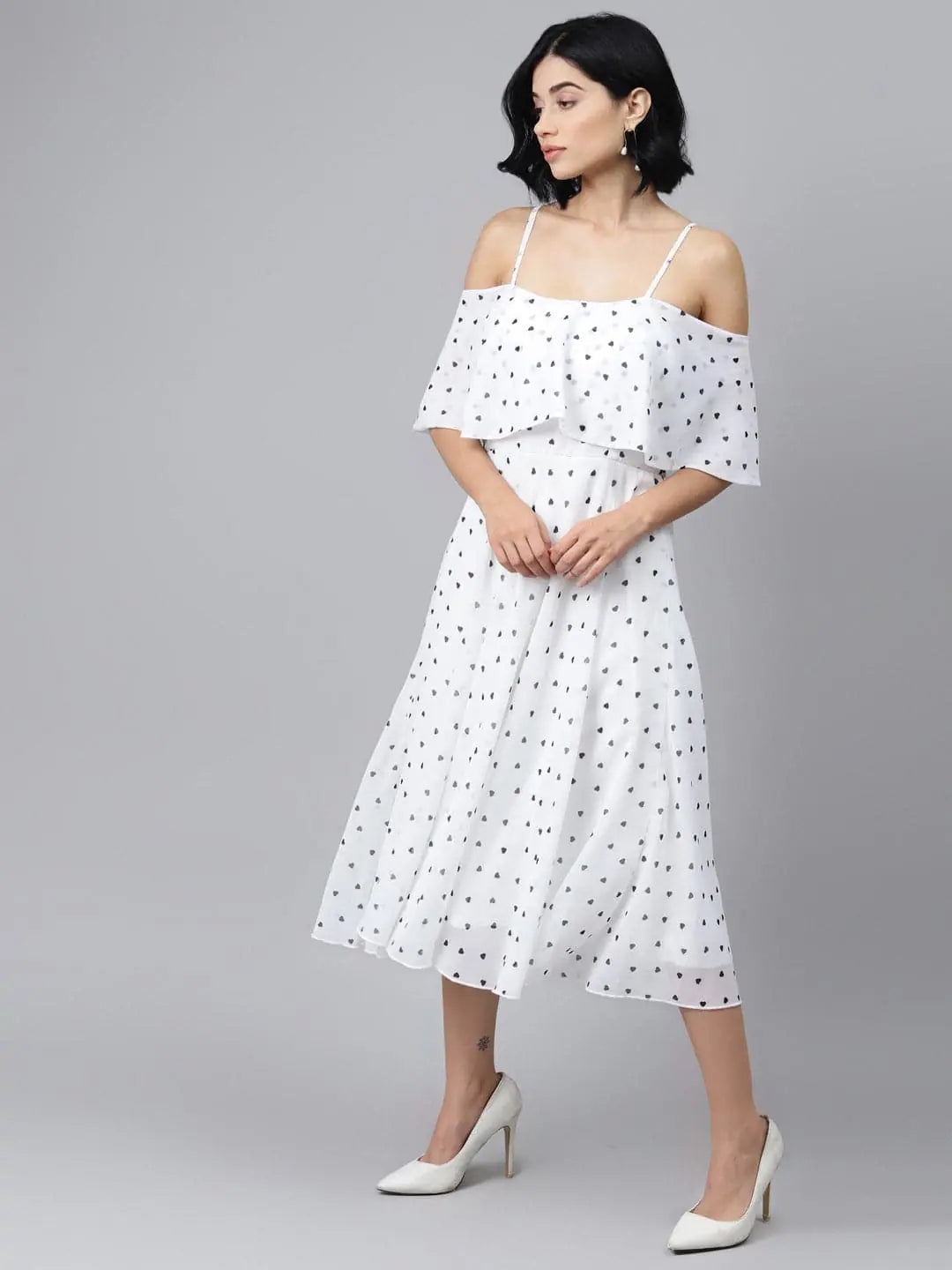 White Strappy Black Hearts Fit & Flare Midi Dress