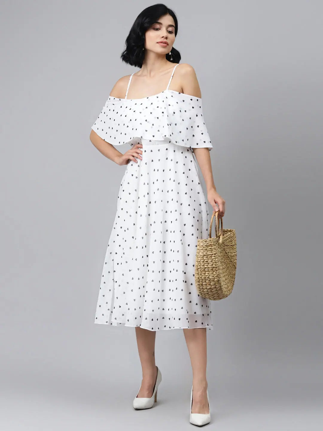 White Strappy Black Hearts Fit & Flare Midi Dress