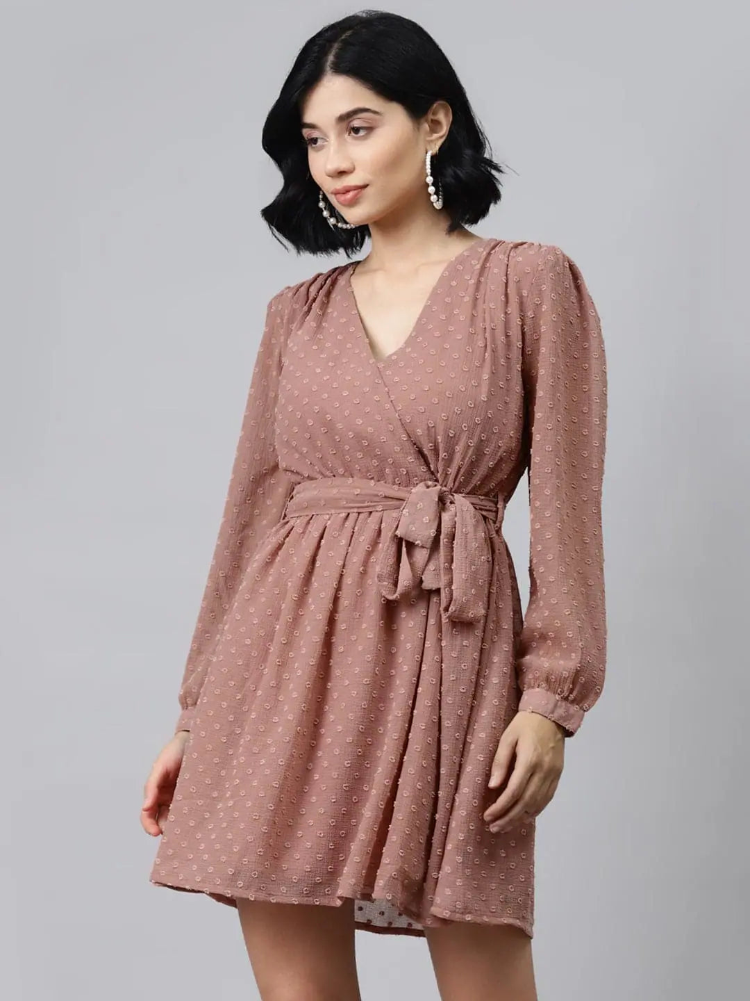 Dusty Pink Wrap Dress - Full Sleeves, Flared Hem, Comfort Fit