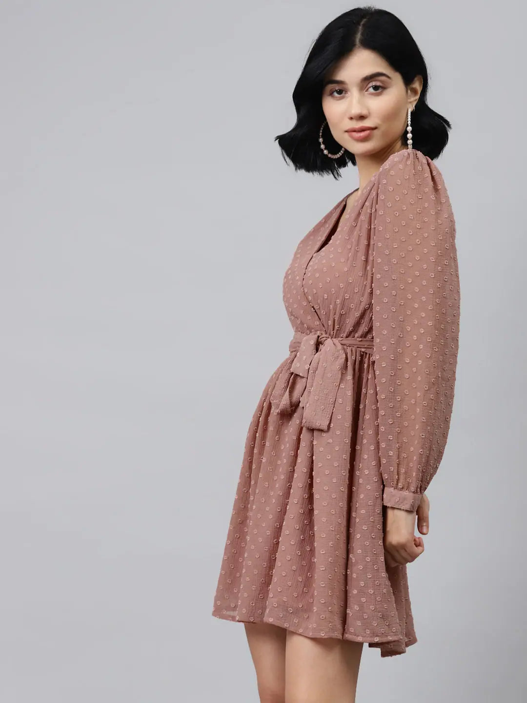 Dusty Pink Wrap Dress - Full Sleeves, Flared Hem, Comfort Fit