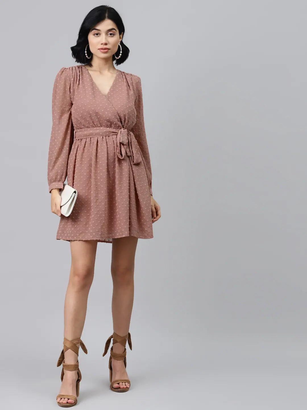 Dusty Pink Wrap Dress - Full Sleeves, Flared Hem, Comfort Fit