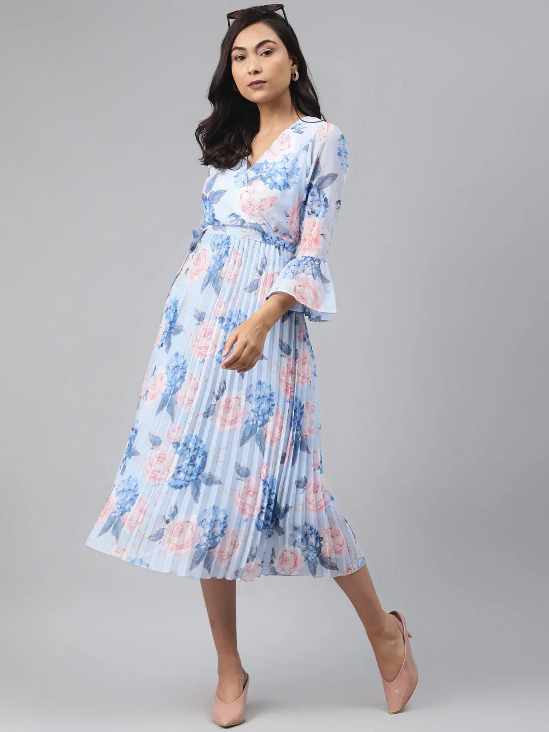 Light Blue Floral Midi Dress | Pleated Design