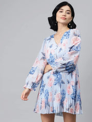 Light Blue Floral Pleated Skater Dress