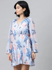 Light Blue Floral Pleated Skater Dress