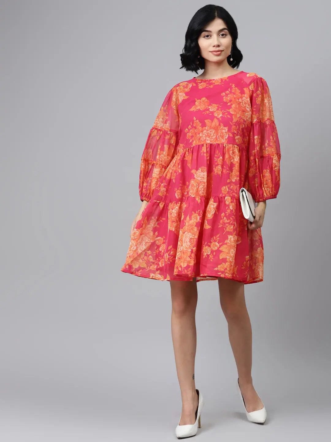 Fuchsia Floral Tiered Dress - Stylish Party Wear Lehenga Style