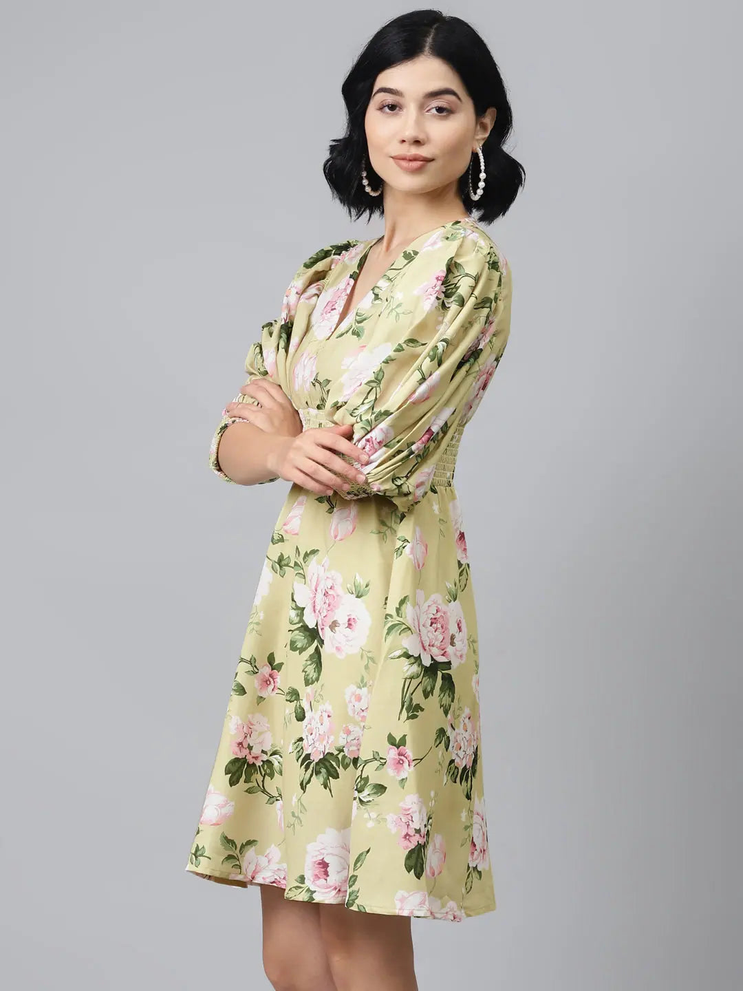 Mint Green Floral Smocked Dress - Festive Lehenga Style!