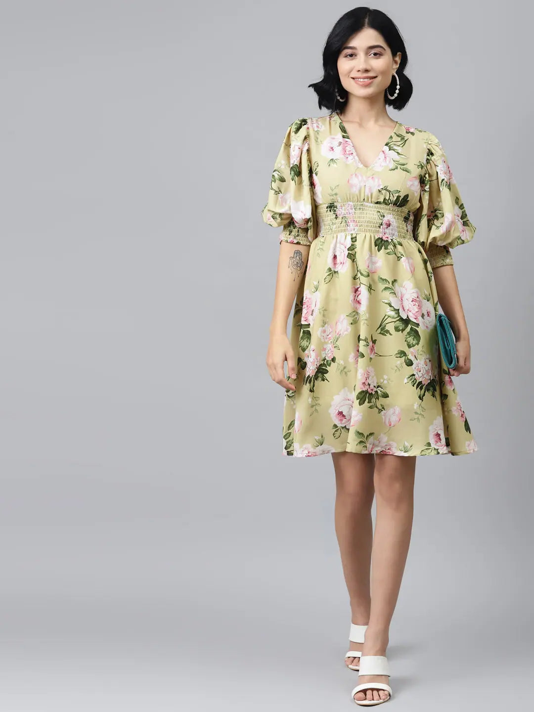 Mint Green Floral Smocked Dress - Festive Lehenga Style!