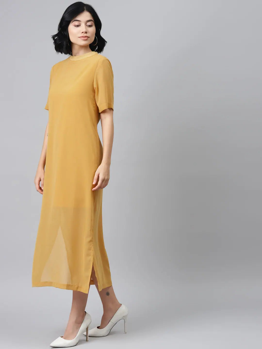 Mustard Sheath Dress: Chic Midi Length, Sheer Fabric