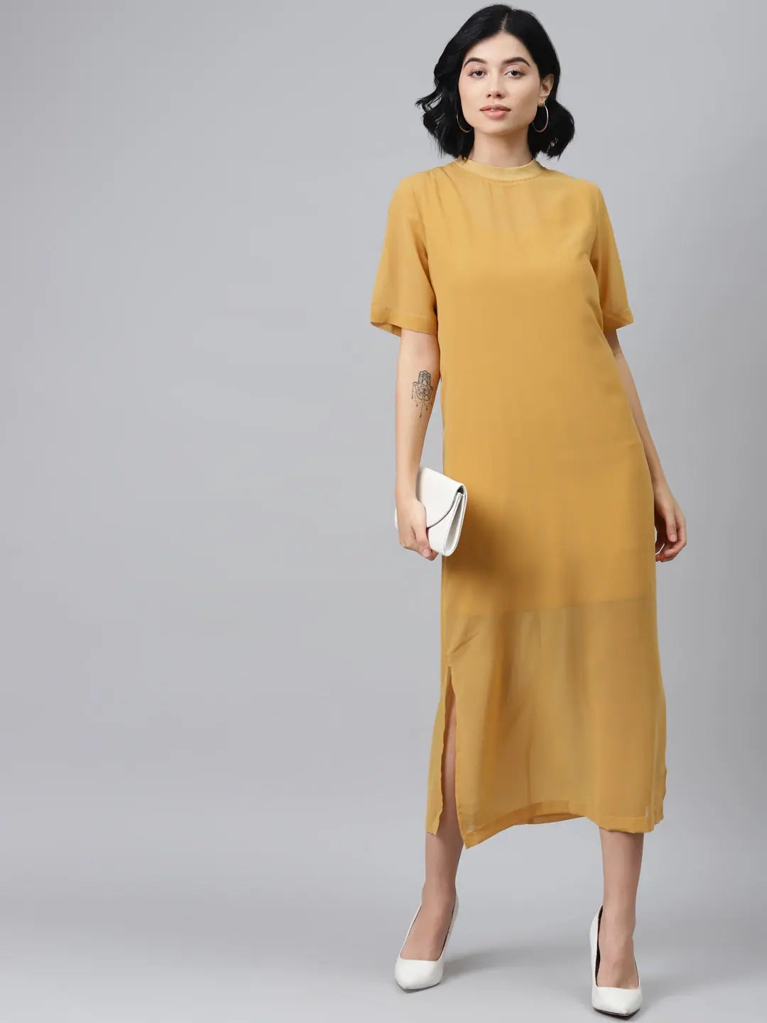 Mustard Sheath Dress: Chic Midi Length, Sheer Fabric