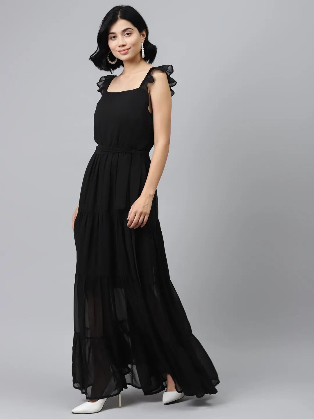 Black Frilly Maxi Dress - Elegant Women's Evening Lehenga Look
