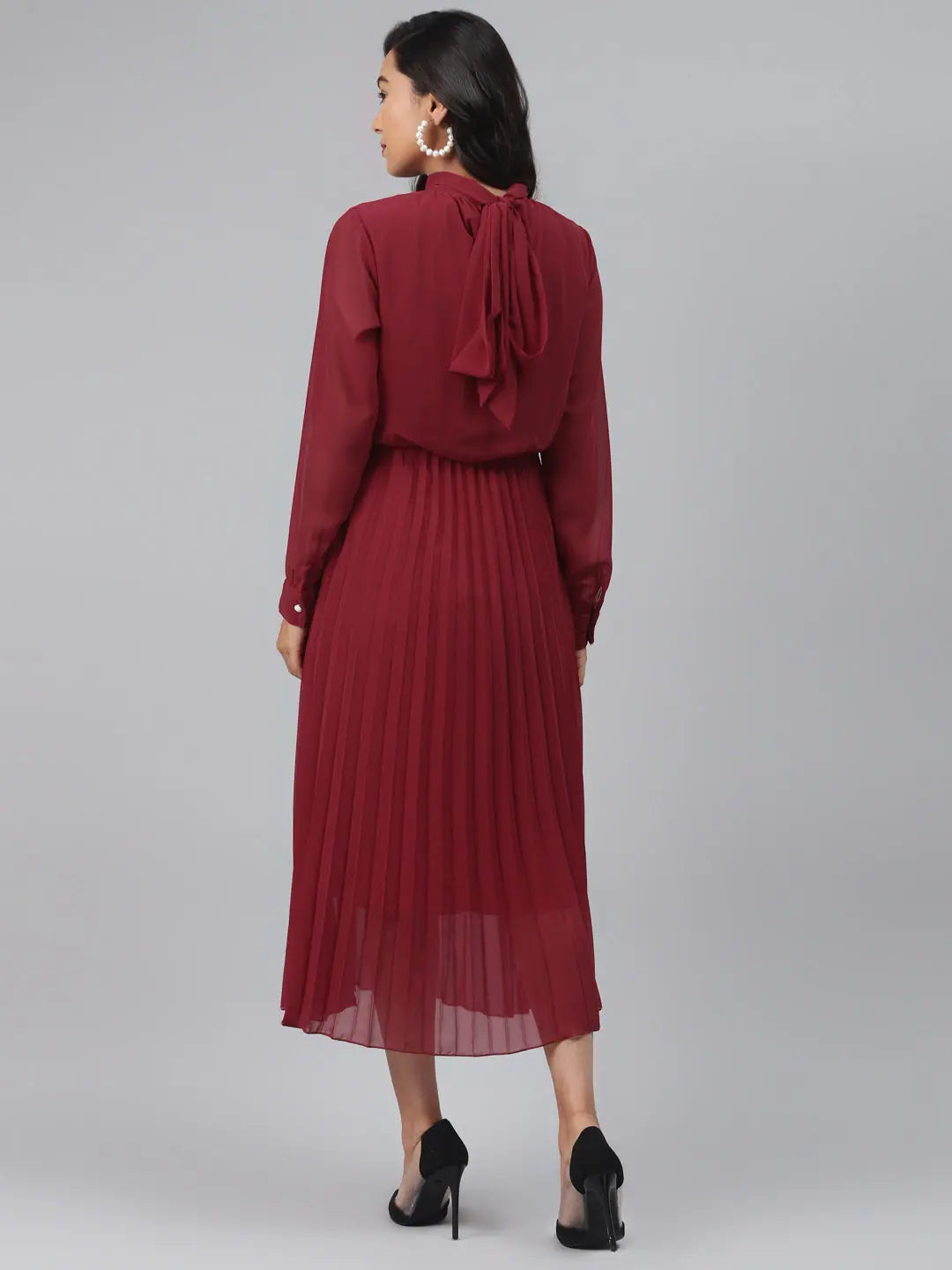 Maroon Pleated Dress with Tie-Up Neck: Elegant Women's Style