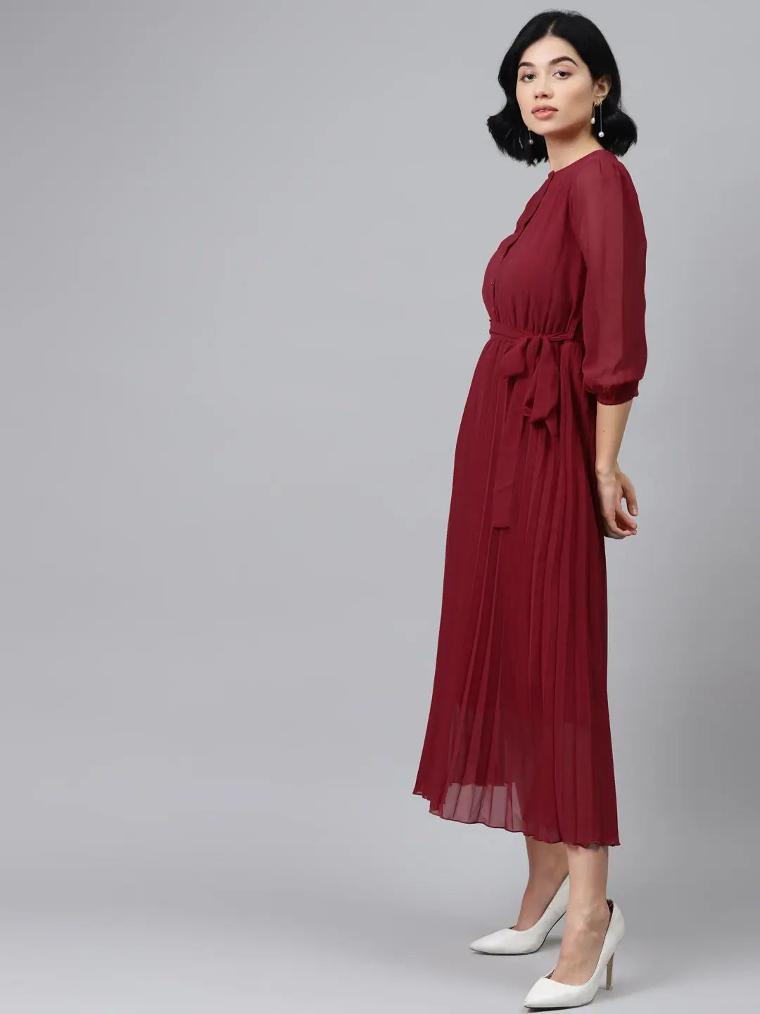 Maroon Midi Dress: Elegant Pleated Dress for Women